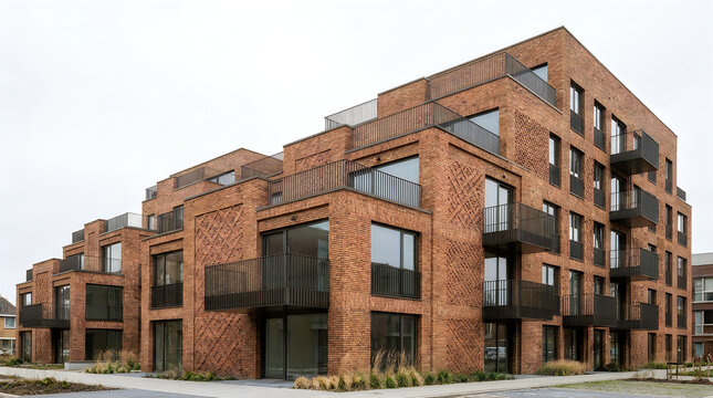 Modern brick apartment building with balconies and terraces