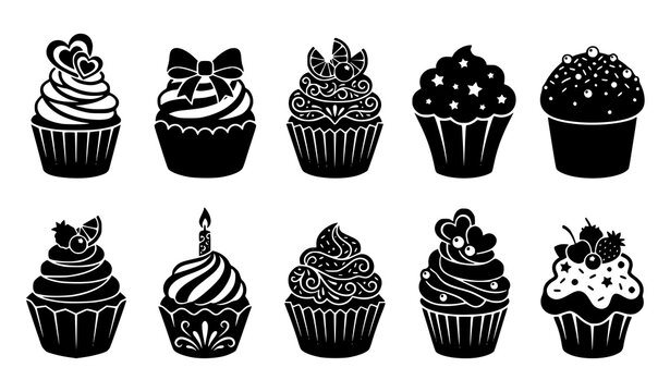 Premium Black and White Cupcake Silhouette Vector Set with Assorted Sweet Toppings and Frosting Styles
