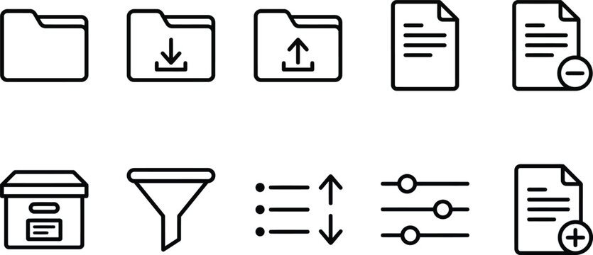 File folder icon pack for document storage organization download upload data filter sort and management graphics