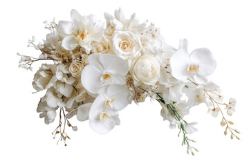 Fototapeta na wymiar Elegant cascading white floral bouquet with orchids and roses