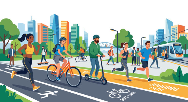 Active city lifestyle, diverse people jogging, cycling, scootering, modern urban scene