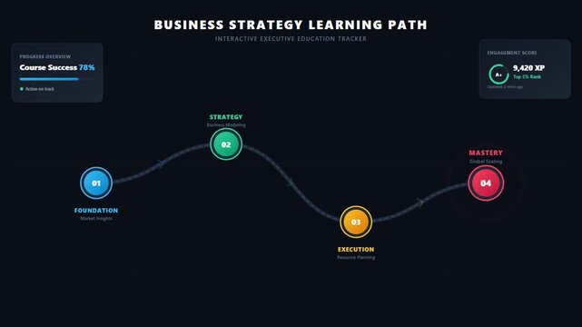 Interactive business strategy learning path motion graphic featuring a curved roadmap with numbered milestones for foundation, strategy, execution, and mastery stages.