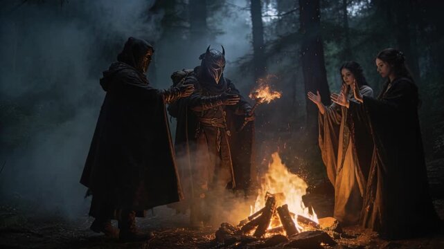 Raising arm, horned figure casting flame orb for ritual at foggy pine fire, cloaked women watching
