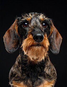 Wirehaired dachshund portrait close up black background studio shot