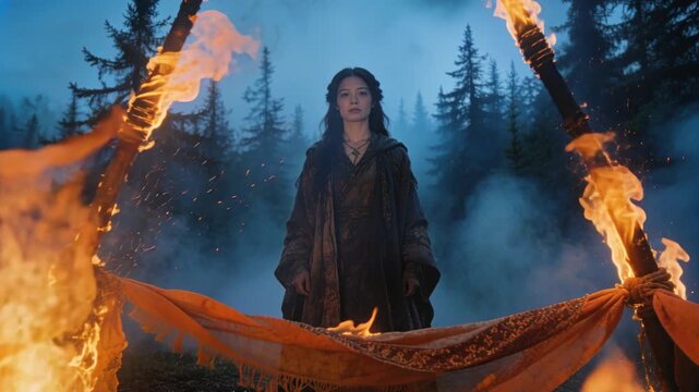 Standing Asian woman in cloak and necklace in ritual forest, torches igniting cloth, embers rising