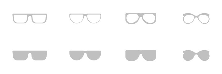 Fototapeta premium Black Sunglasses Icon Set, 4 Outline and 4 Solid Eyewear Symbols, Modern Fashion Glasses Vector Collection.
