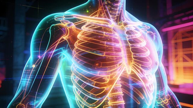 Powering up holographic torso revealing ribcage and spine in lab, pulsing neural pathways for demo