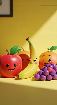 Cheerful fruit characters smiling in a vibrant yellow setting.