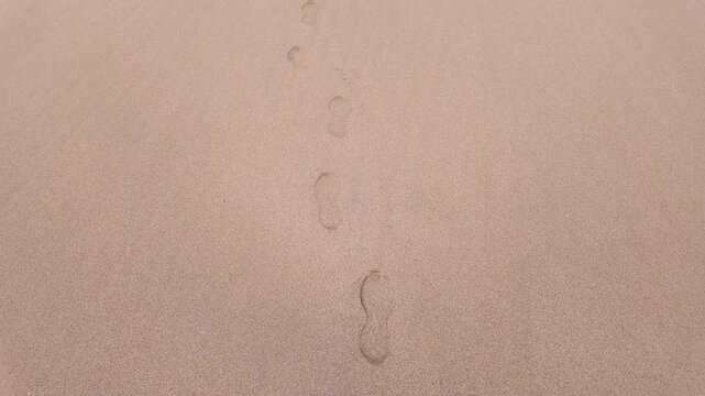 Footprints on wet sandy beach disappearing, slow motion, top down view