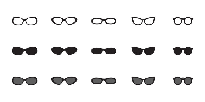 Glasses icon set with different shapes and frames, minimalist outline and solid face eyeglass symbols for design.