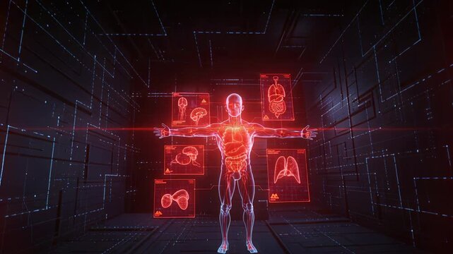 Initiating diagnostic system scanning anatomical hologram for organ scan in dark chamber with HUD
