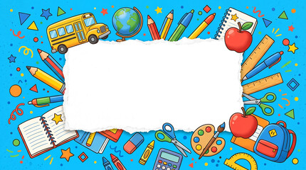 Naklejka premium A torn white paper sheet surrounded by colorful school supplies and academic icons for education