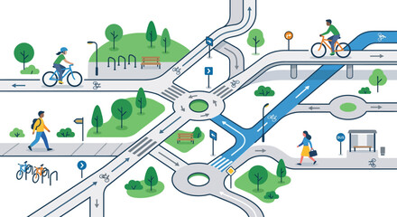 Fototapeta premium Urban transport network with cyclists, pedestrians, and city infrastructure