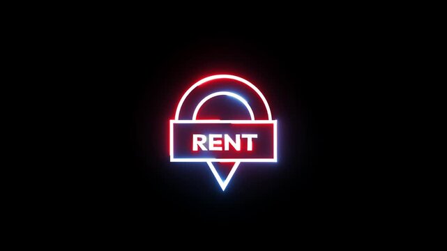 Neon rental map pin glowing with flickering light on black background for movie.