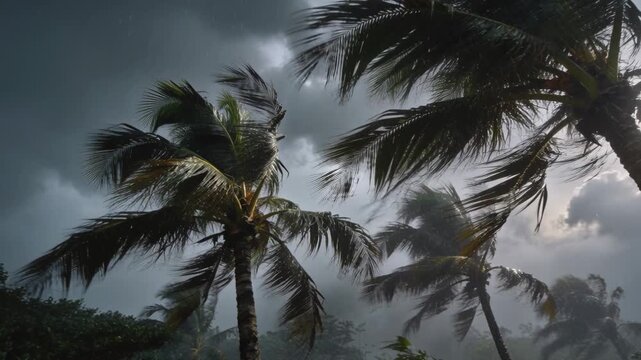 Gusts arriving, coconut palms bending and whipping in coastal grove with rain streaks, muted light
