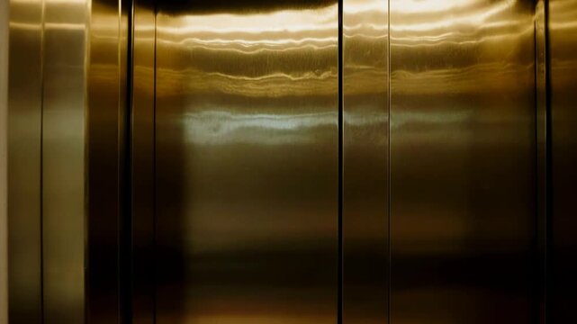 Polished gold elevator doors closing in a luxury hotel. High-end hospitality and hotel service concept. Interior detail of a modern lift