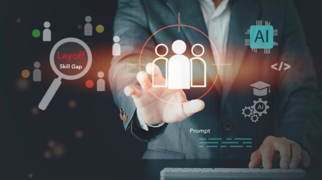 Businessman using AI technology interface analyzing employee layoffs and skill gap. Concept of corporate downsizing, workforce reduction, digital transformation, and human replacement.