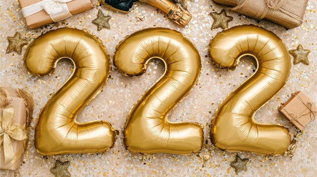 Gold balloons shaped like the number 222 are arranged among wrapped gifts and festive decorations, perfect for birthday parties or celebrations. Ideal for event planners and marketers focusing on