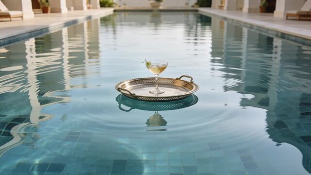 Floating silver tray and coupe glass bobbing as ripples from right disturb calm resort pool