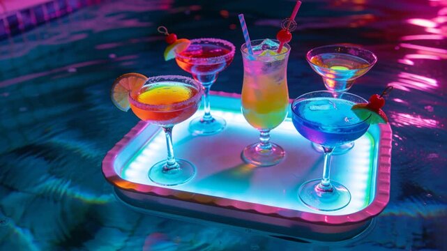 Floating LED-lit tray carrying five cocktails bobbing on tiled pool as ripples shifting vivid light