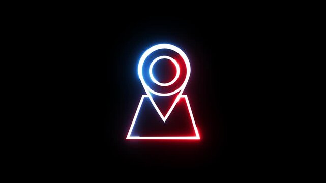 Neon map pointer icon animation glowing on black background seamless loop motion graphic.