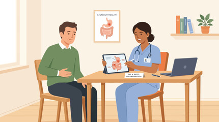 Fototapeta premium Doctor consulting patient on digestive health with intestine diagram on tablet