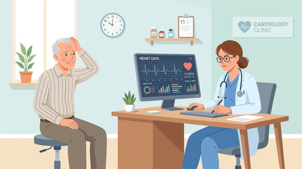 Fototapeta premium Doctor Consults Elderly Patient About Heart Health Data On Computer Screen