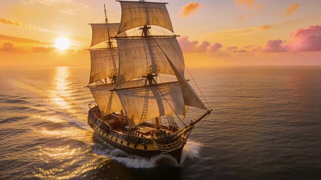 Sailing three-masted ship making steady passage at sunset, sails and rigging filling with breeze