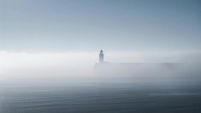 Cool air creating sea mist, lighthouse standing at breakwater guiding vessels, rippling sea