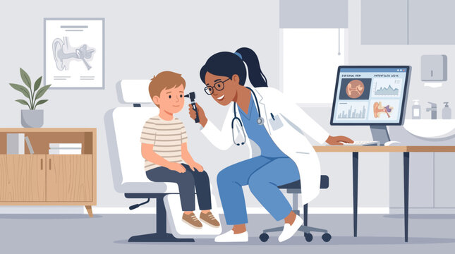 Doctor examining child's ear with otoscope in medical office