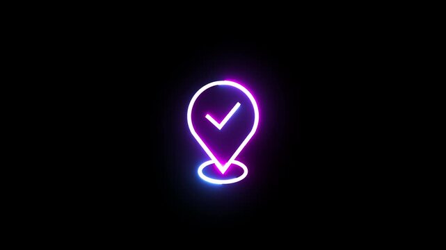 Dynamic neon map pin marker with checkmark glowing motion graphic.