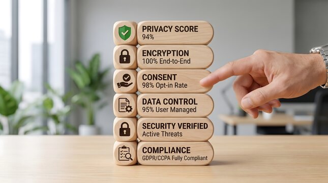 Businessman Pointing at User Consent and Data Control Metrics on Stacked Blocks