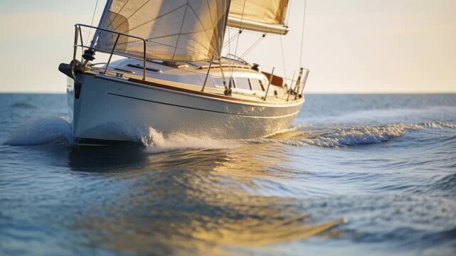 Sailing white sloop cutting ocean swells at golden hour, breeze filling sails, spray and wake