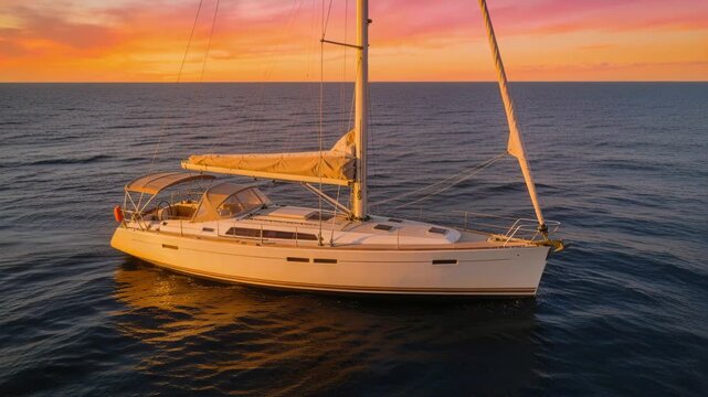 Drifting white sloop bobbing on open sea, sunset deepening and glow shifting, furled mainsail
