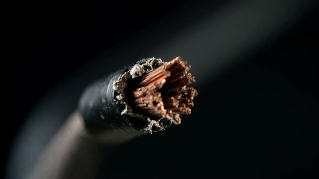 Macro shot of exposed copper wires in a stripped electrical cable. Close-up of power cord conductors and textured black insulation on dark background