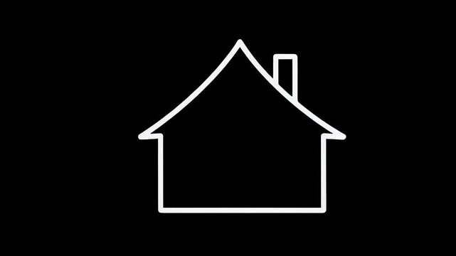 Minimalist white line animation of a house outline on black background. Drawing of a home icon with chimney. Real estate and architecture concept