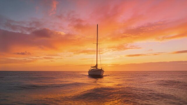 Drifting sailboat with furled sails and tall mast rocking while sun sinking at sunset, casting gold