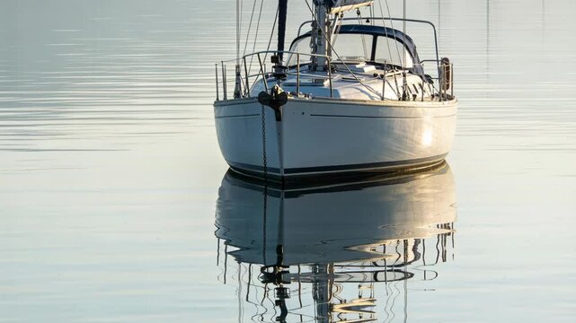 Light breeze stirring ripples, white sailboat with mast bobbing and altering reflection at bay