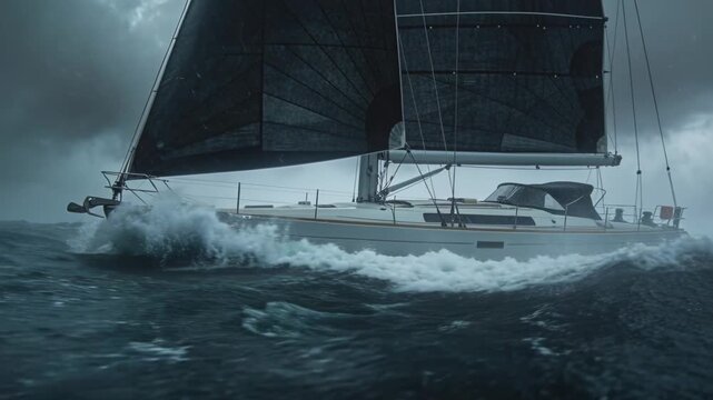 Facing breaking waves, monohull sailboat plowing stormy ocean, keeping course with dark mainsail