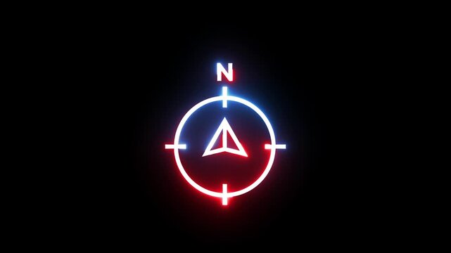 Neon compass animation highlighting direction north and movement with vibrant glow.