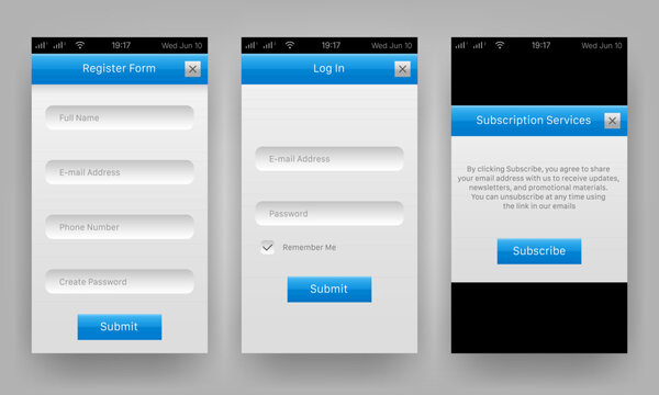 Mobile user interface kit with registration login forms and subscription screen
