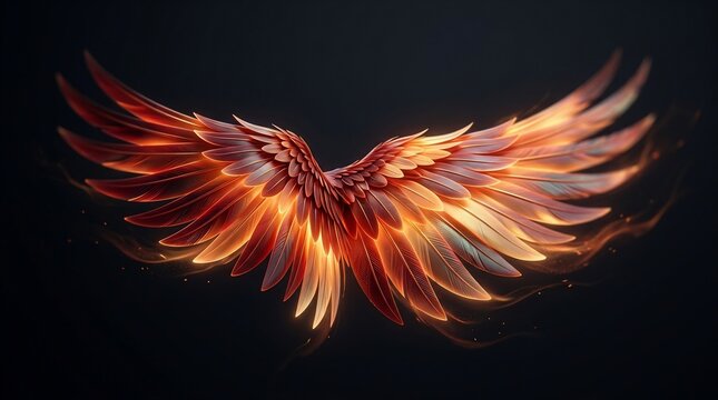 Fiery angel wings glowing with warm light against dark background