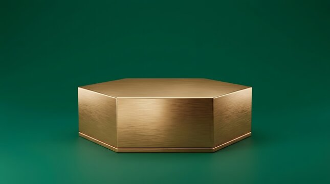 A brushed gold hexagonal pedestal stand with a metallic finish, captured from a straight eye level angle for product displays.