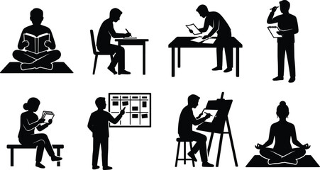 Fototapeta premium Learning and Creative Activities Silhouette Set Featuring Reading Writing Planning Drawing and Meditation