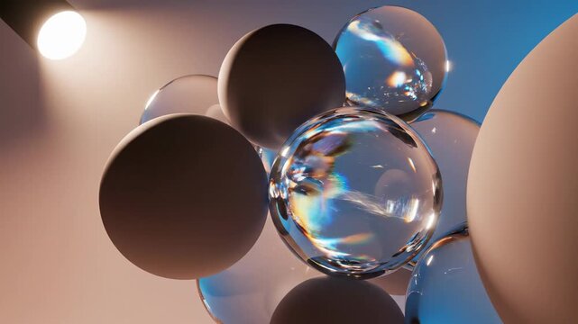 Colors blend in glass and sphere shapes with light at a studio space in the afternoon