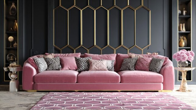 Luxurious pink velvet sofa anchors an elegant interior design featuring dark walls and geometric gold accents
