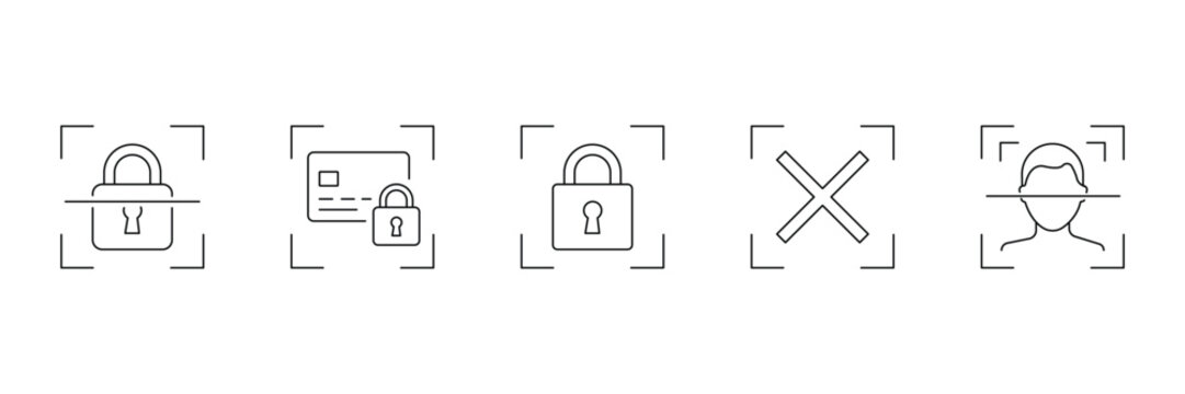 Biometric security verification line icon set featuring padlock credit card error face scan vector illustration.