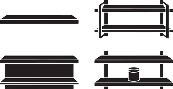 Set of wall shelves and display racks in flat black silhouette vector icons for interior design
