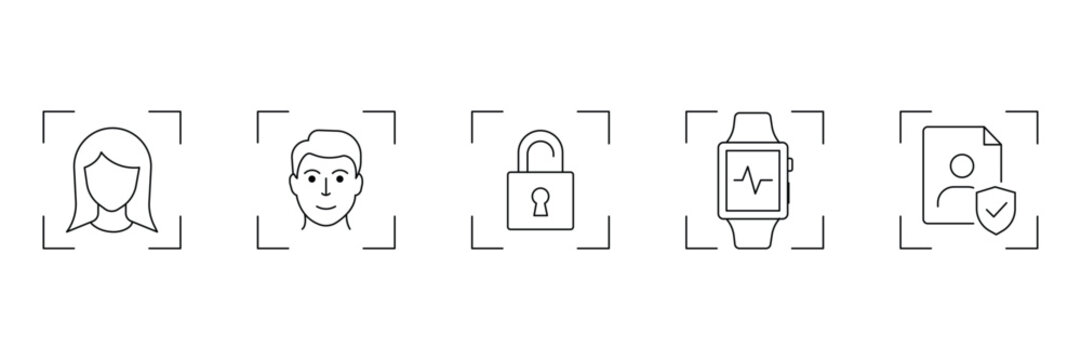 Biometric verification system line icon set featuring face padlock smartwatch profile document vector illustration.