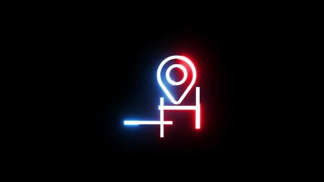 Glowing neon map pin symbol with animated path on black background.